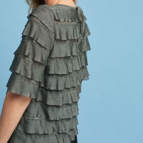 ANTHROPOLOGIE VANESSA VIRGINIA Ruffled Tiers Top Moss Women’s Size Small - Picture 2 of 11